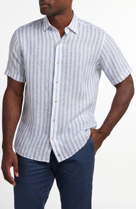 Stripe Short Sleeve Slub Linen Button-Up Shirt