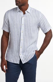 David Donahue Stripe Short Sleeve Slub Linen Button-Up Shirt