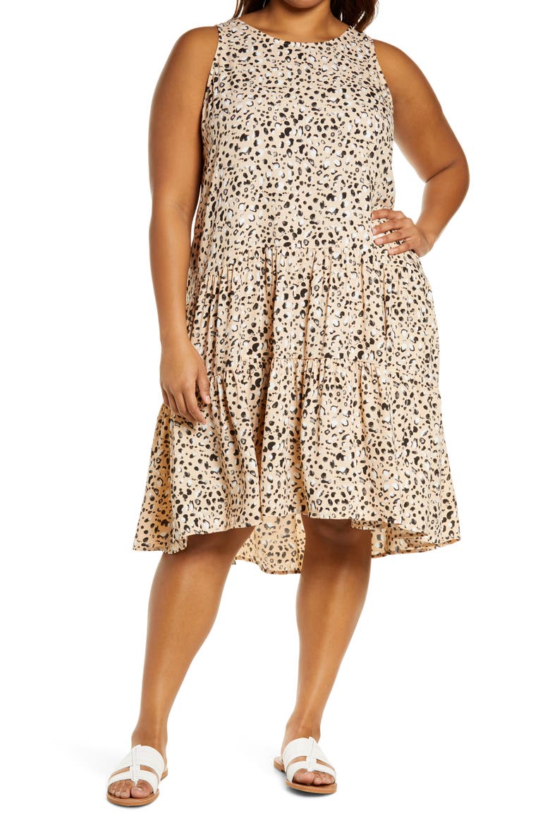 Tiered Sleeveless A-Line Dress, Main, color, BEIGE ALMOND MARBLE BLOTS