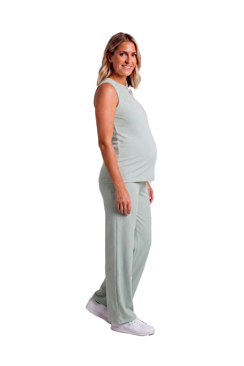 Maternity Basic Ribbed Knit Tank Top and Elastic Waist Wide Leg Pant Set, Alternate, color, Mint