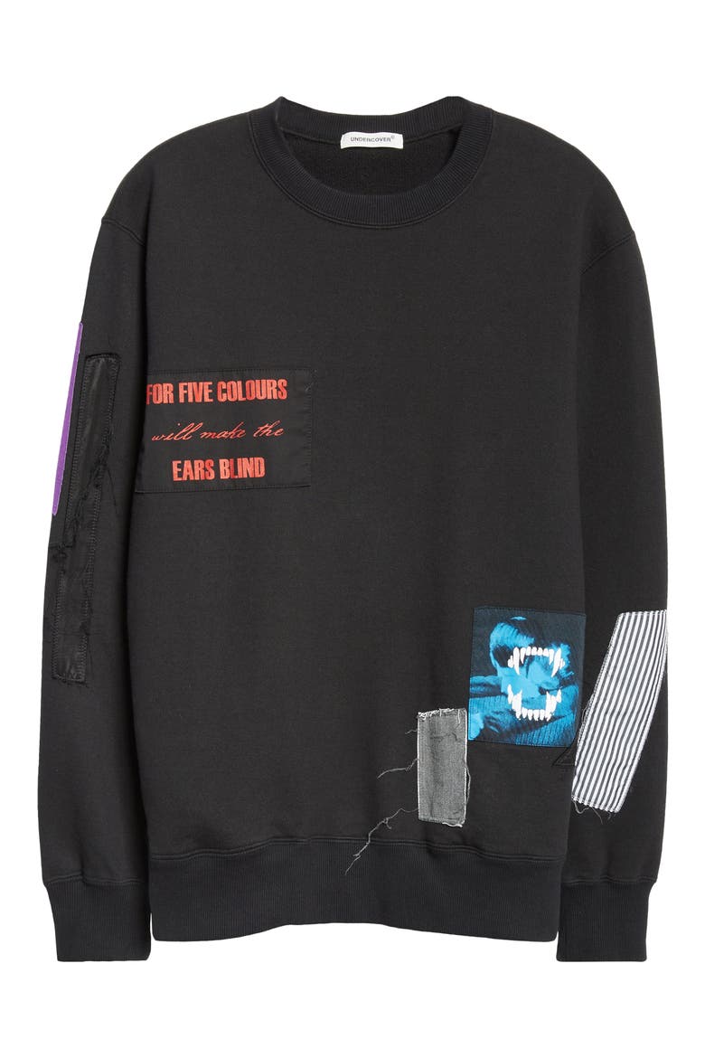 Distressed Patchwork Cotton French Terry Sweatshirt, Alternate, color, BLACK