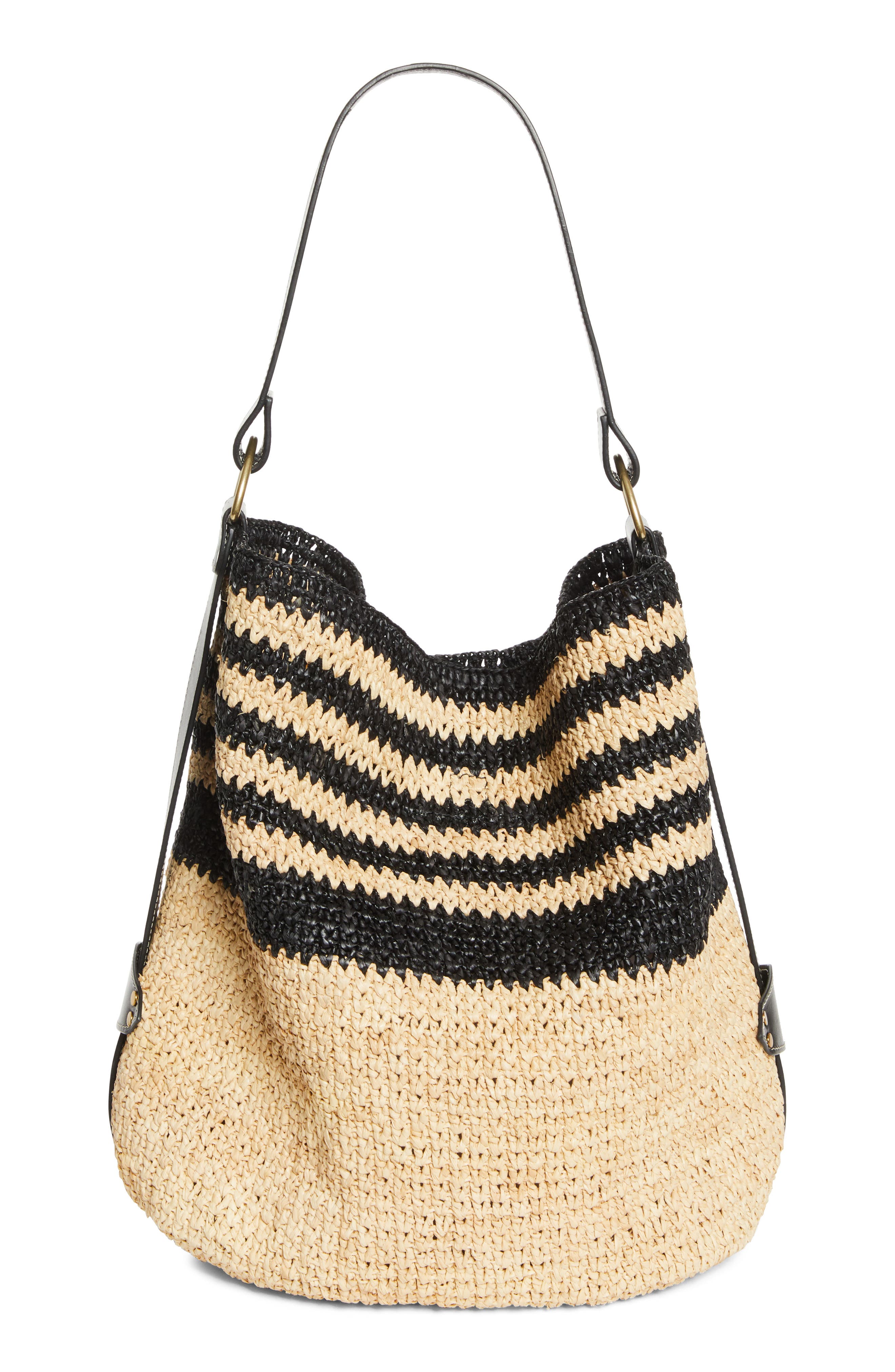 Isabel Marant Bayia Stripe Raffia Hobo Bag, Alternate, color, Black/ Natural