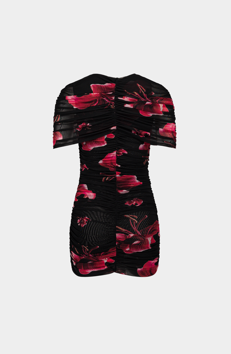 SAEMDI Draped Floral Mini Mesh Dress, Alternate, color, Black / Red Floral
