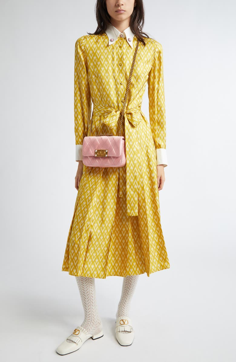 Valentino Garavani Toute la V Belted Long Sleeve Silk Twill Shirtdress, Main, color, 