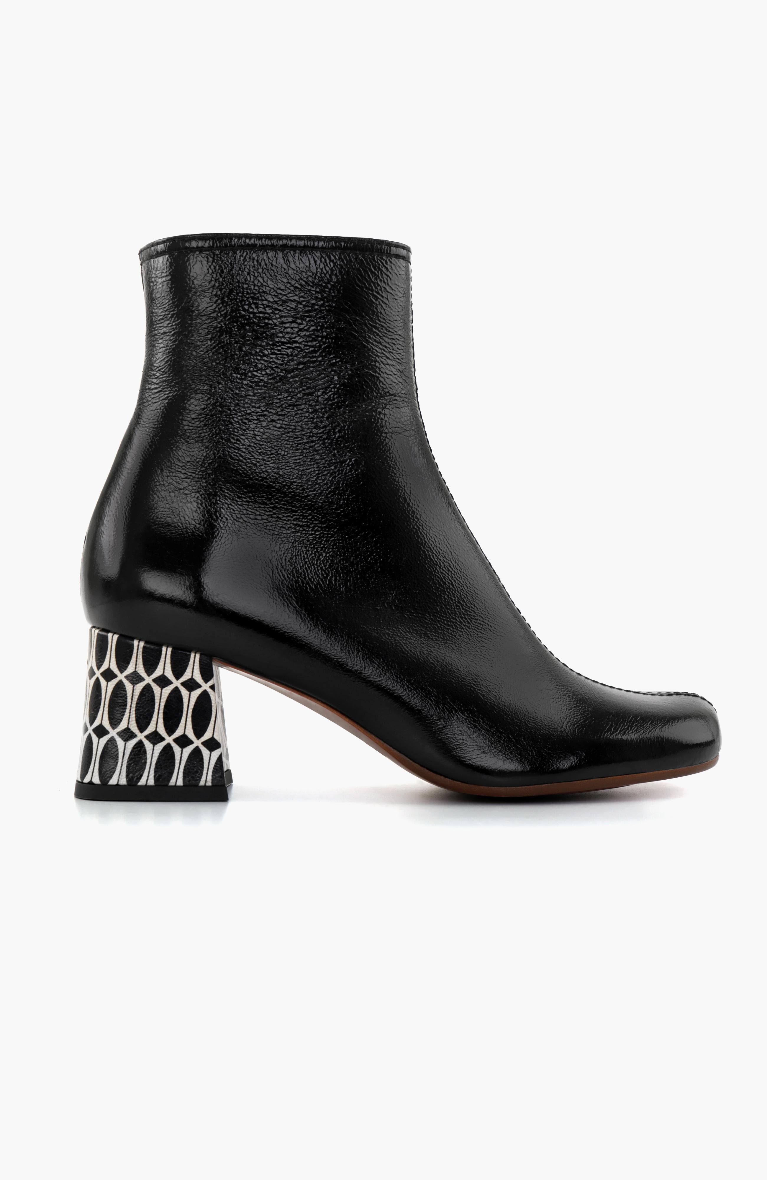 MUKI49 Patent leather geometric print Ankle Boots, Main, color, Black