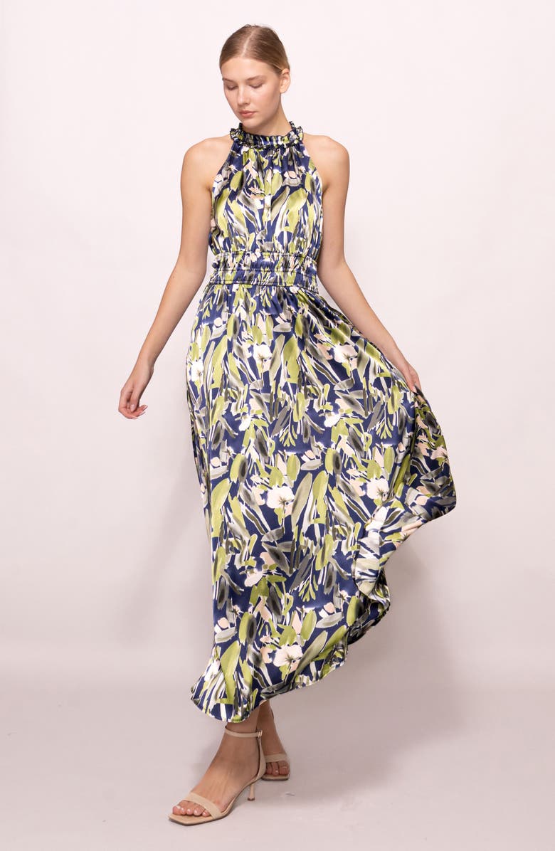 MELLODAY Print Ruffle Sleeveless Maxi Dress, Alternate, color, Blue Green Leaf