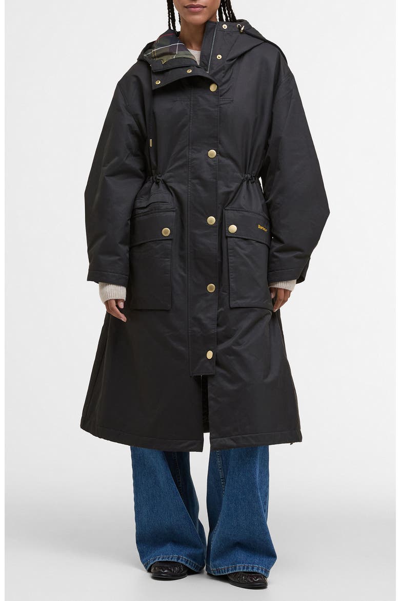 Dena Water Repellent Hooded Coat, Main, color, BLACK/ CLASSIC TARTAN