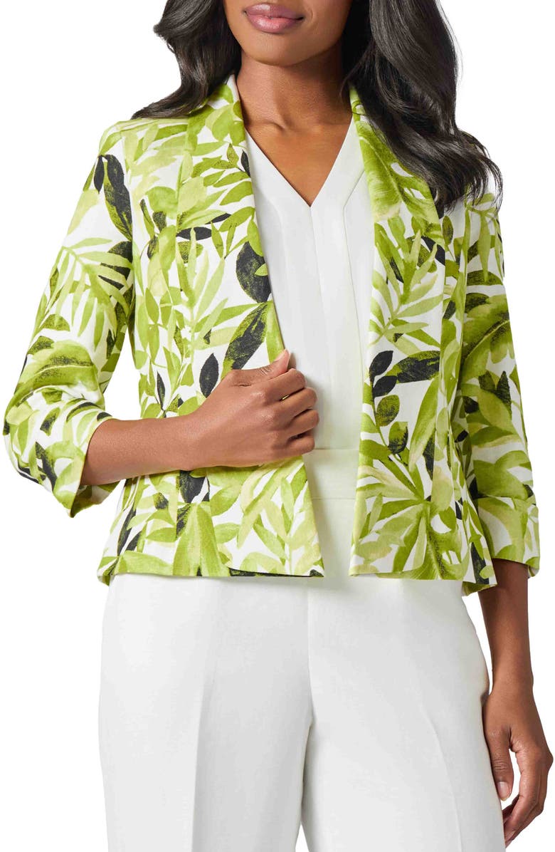 KASPER Fly Away Leaf Print Linen Blend Jacket, Main, color, Kiwi Multi