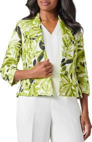 KASPER Fly Away Leaf Print Linen Blend Jacket