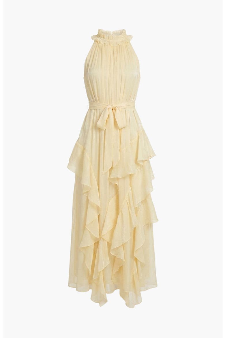 Halter Neck Ruffle Layer Waist Tie Maxi Dress, Alternate, color, Yellow