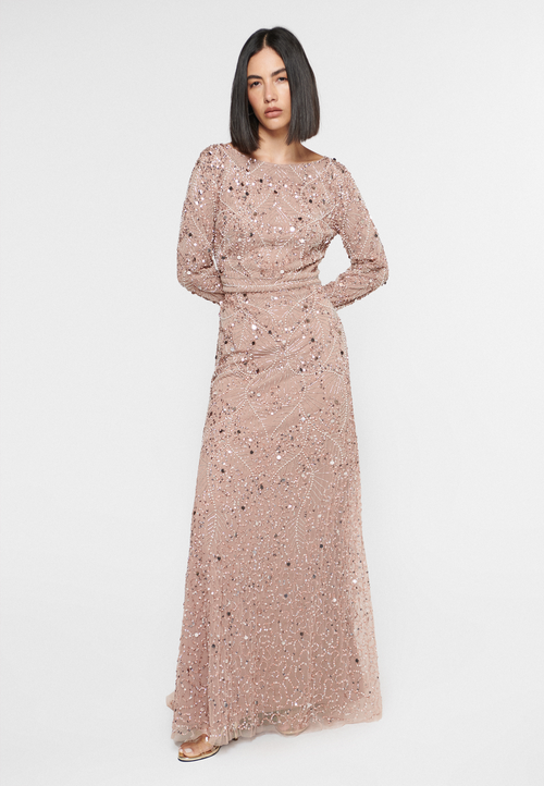 Shop Maryisa Occasion Modest Embellished Sequin Beaded High Neck Evening Dress In Taupe Blush