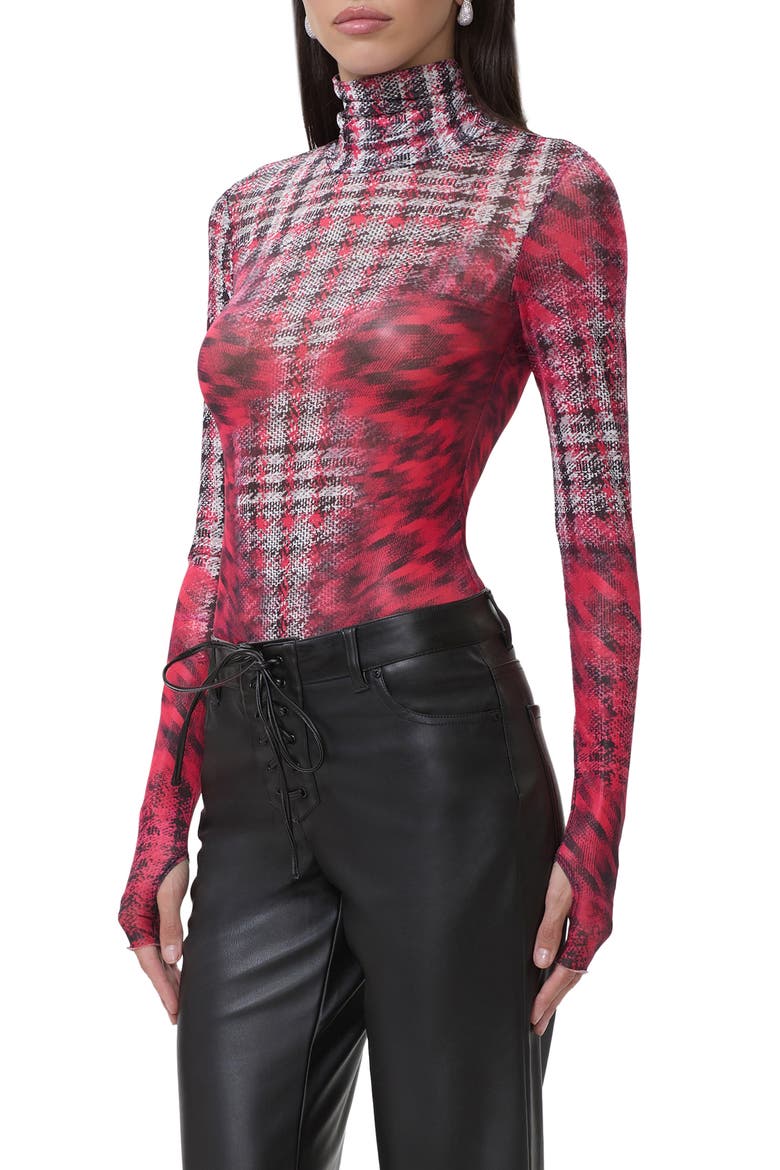 Zadie Mock Neck Printed Mesh Top, Main, color, RUBY HOUNDSTOOTH