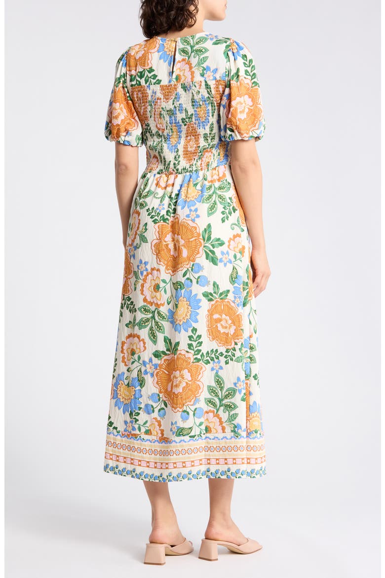 Floral Puff Sleeve Smocked A-Line Midi Dress, Alternate, color, MARSHMALLOW SUMMER BLOOMS
