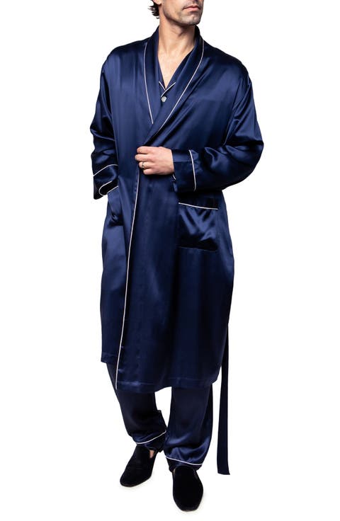 Men's Navy Piped Silk Robe