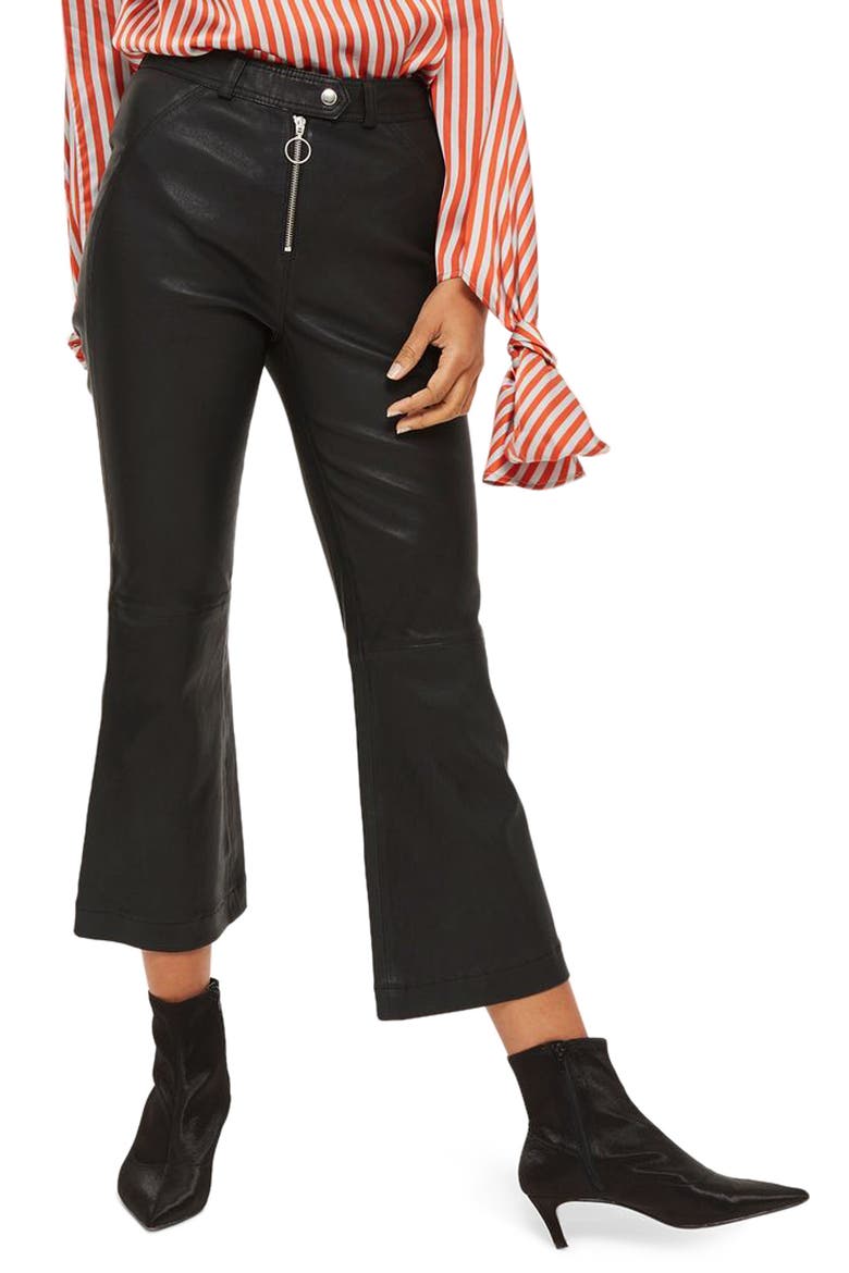Premium Kick Flare Crop Leather Pants, Main, color, BLACK