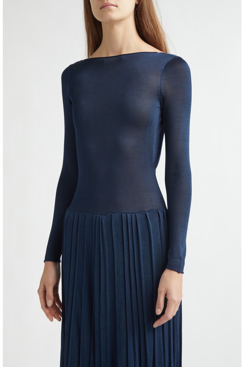 Kingsley Pleated Long Sleeve Drop Waist Column Dress, Alternate, color, TRUE NAVY