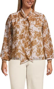 Lands' End Plus Size Chiffon Removable Tie Neck Blouse