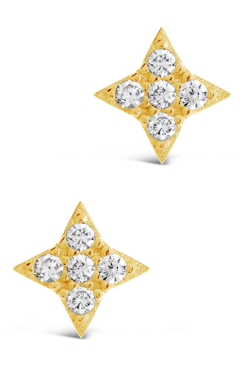 14K Gold Plated Sterling Silver & CZ Dainty Four Pointed Star Stud Earrings, Main, color, GOLD