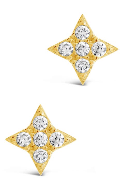 14K Gold Plated Sterling Silver & CZ Dainty Four Pointed Star Stud Earrings