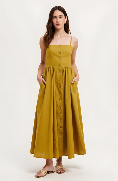 Modenaire Button Front Midi Dress With Spaghetti Straps And Side Pockets In Multi