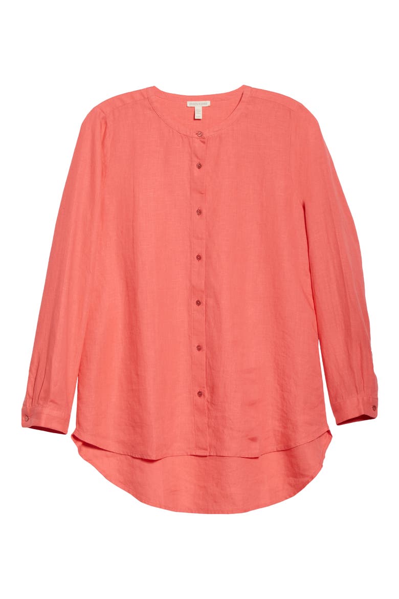 Collarless Organic Linen Button-Up Shirt, Alternate, color, PINK GRAPEFRUIT