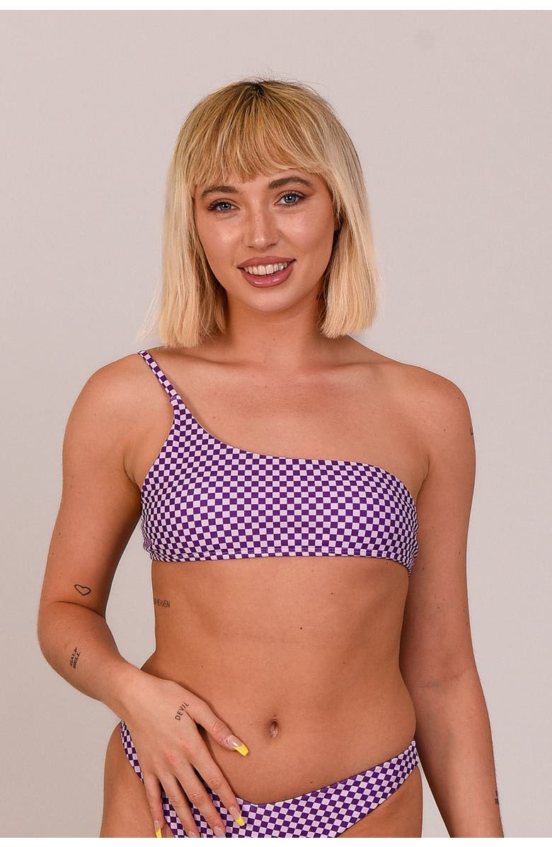 OOSC Checkmate Cold Shoulder Bikini Top, Main, color, Purple Checkerboard Print