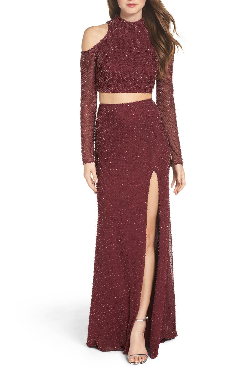 Long Sleeve Embellished Two-Piece Gown, Main, color, GARNET