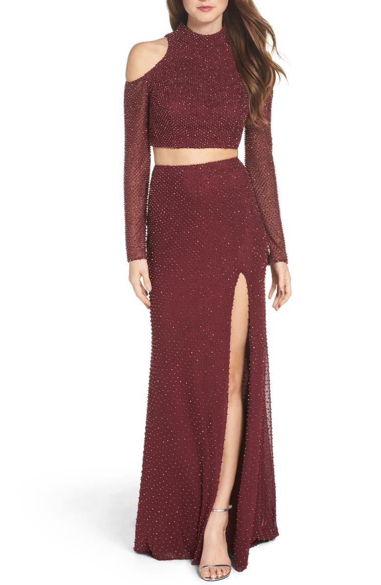 La Femme Long Sleeve Embellished Two-Piece Gown, Main, color, 
