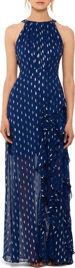 Betsy & Adam Metallic Clip Dot Ruffle Halter Neck Chiffon