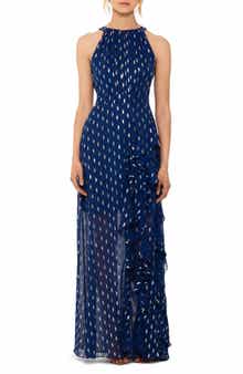 Betsy & Adam Metallic Clip Dot Ruffle Halter Neck Chiffon Gown