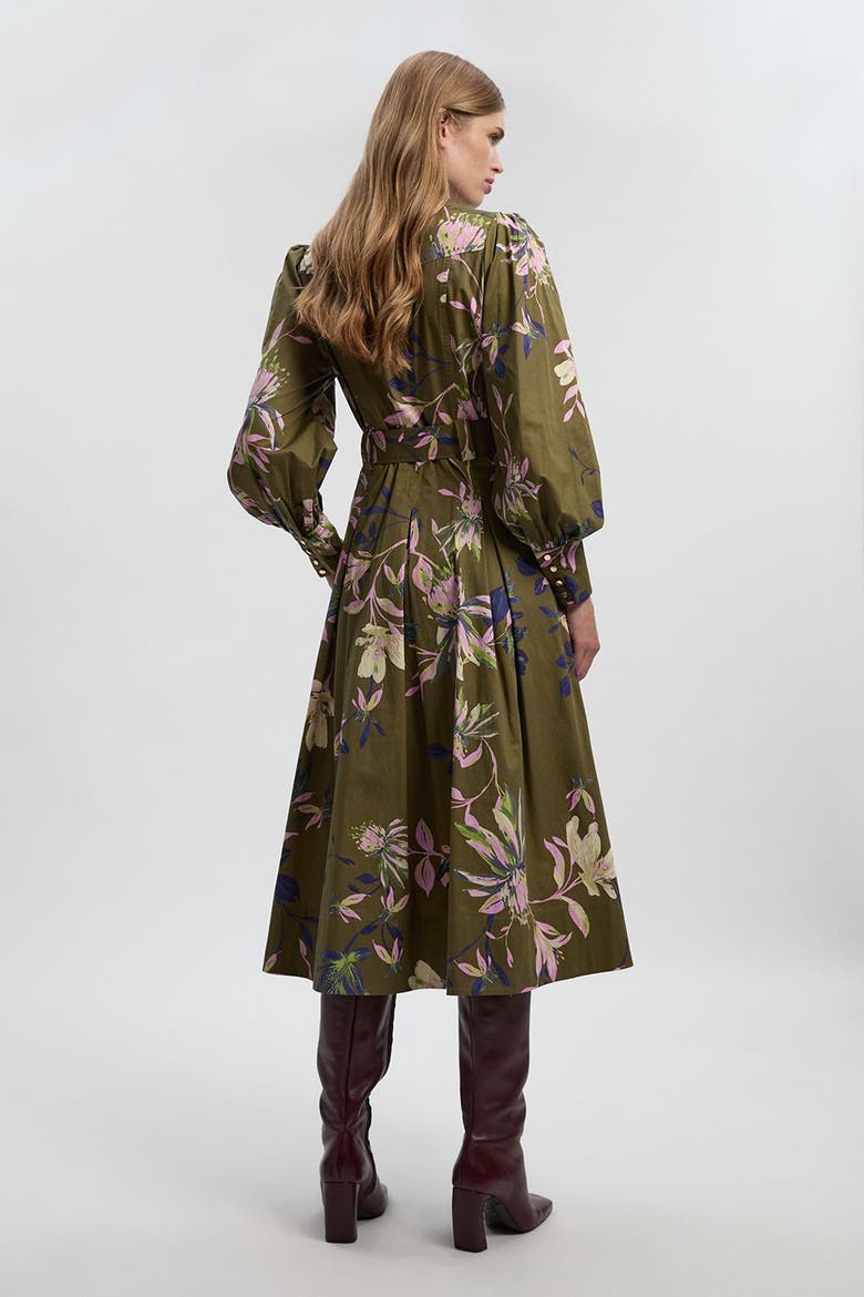 Floral Cotton Sateen Midi Shirt Dress, Alternate, color, Khaki