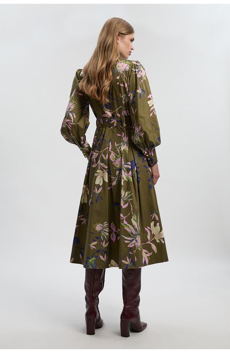 Karen Millen Floral Cotton Sateen Midi Shirt Dress, Alternate, color, Khaki
