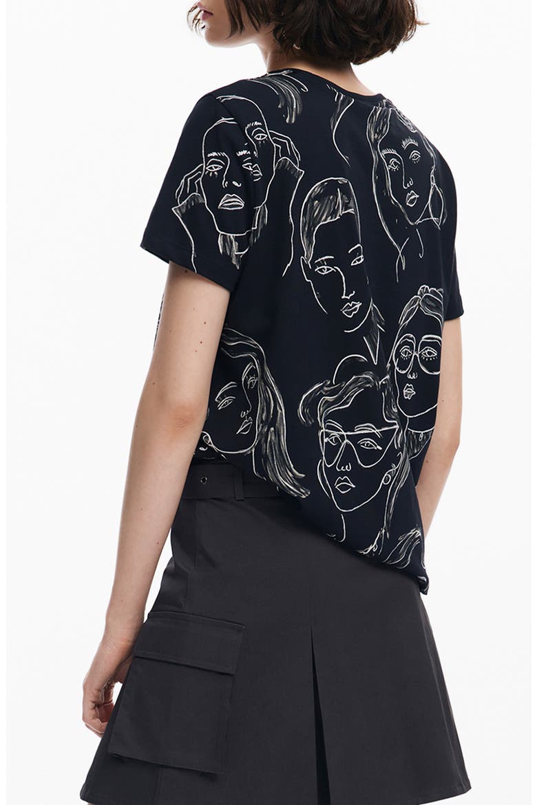 Caras Faces Print Cotton T-Shirt, Alternate, color, BLACK