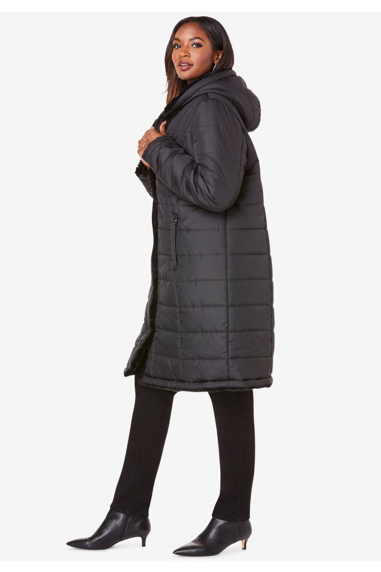 Plus Size 2 In 1 Puffer And Faux Fur Coat, Alternate, color, BLACK