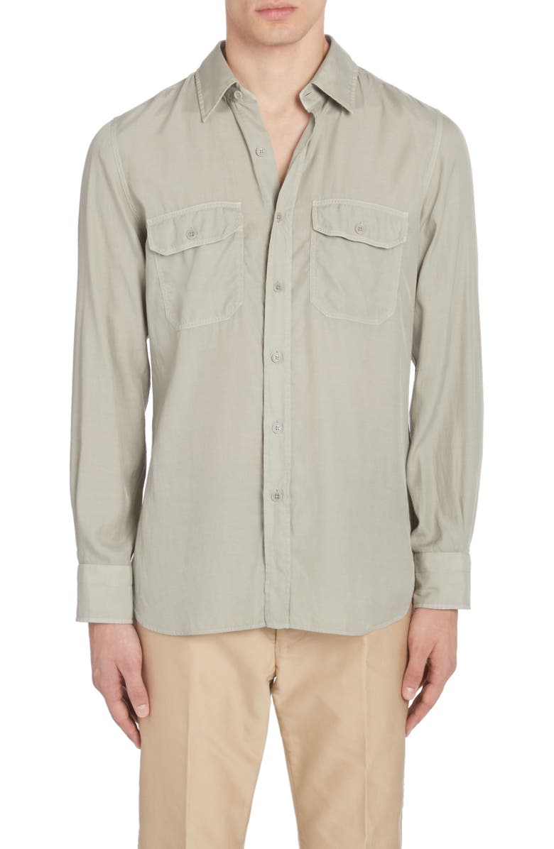 TOM FORD Military Fit Fluid Twill Button-Up Shirt, Main, color, Soft Grey