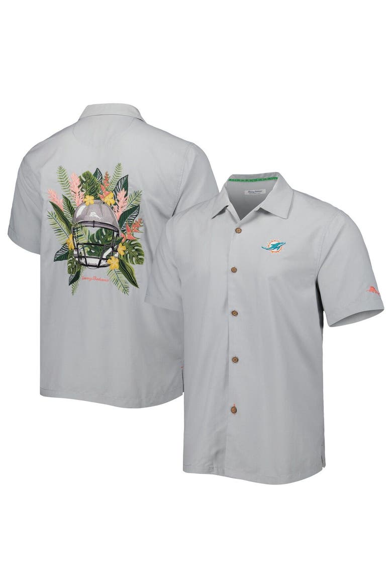 Men's Tommy Bahama Gray Miami Dolphins Coconut Point Frondly Fan Camp IslandZone Button-Up Shirt, Main, color, Gray