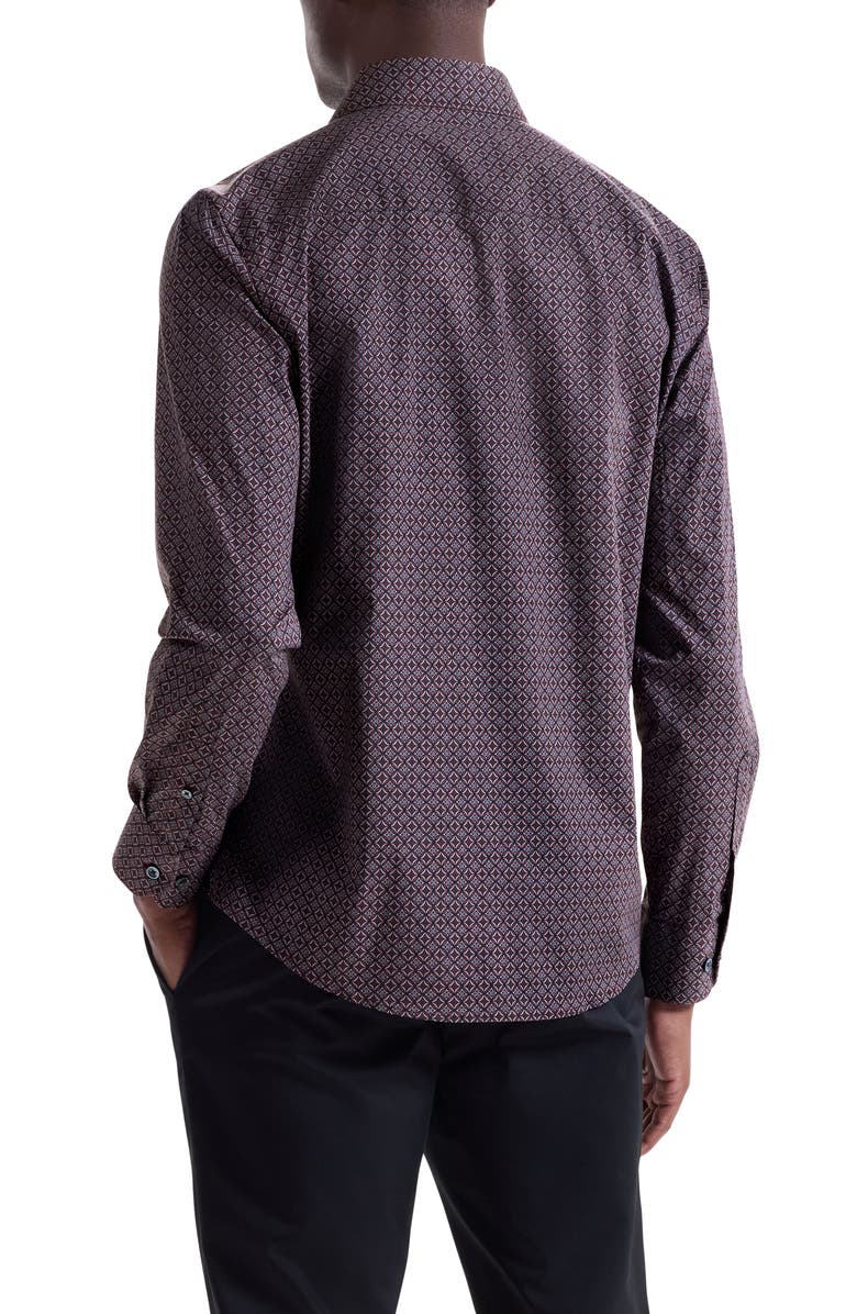Bugatchi Axel Trim Fit Geo Print Stretch Cotton Button-Up Shirt, Alternate, color, Burgundy