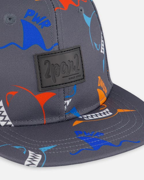 Deux Par Deux Baby Boy's Printed Cap Orange, Red, And Blue Sharks On Gray In Orange Red And Blue Sharks
