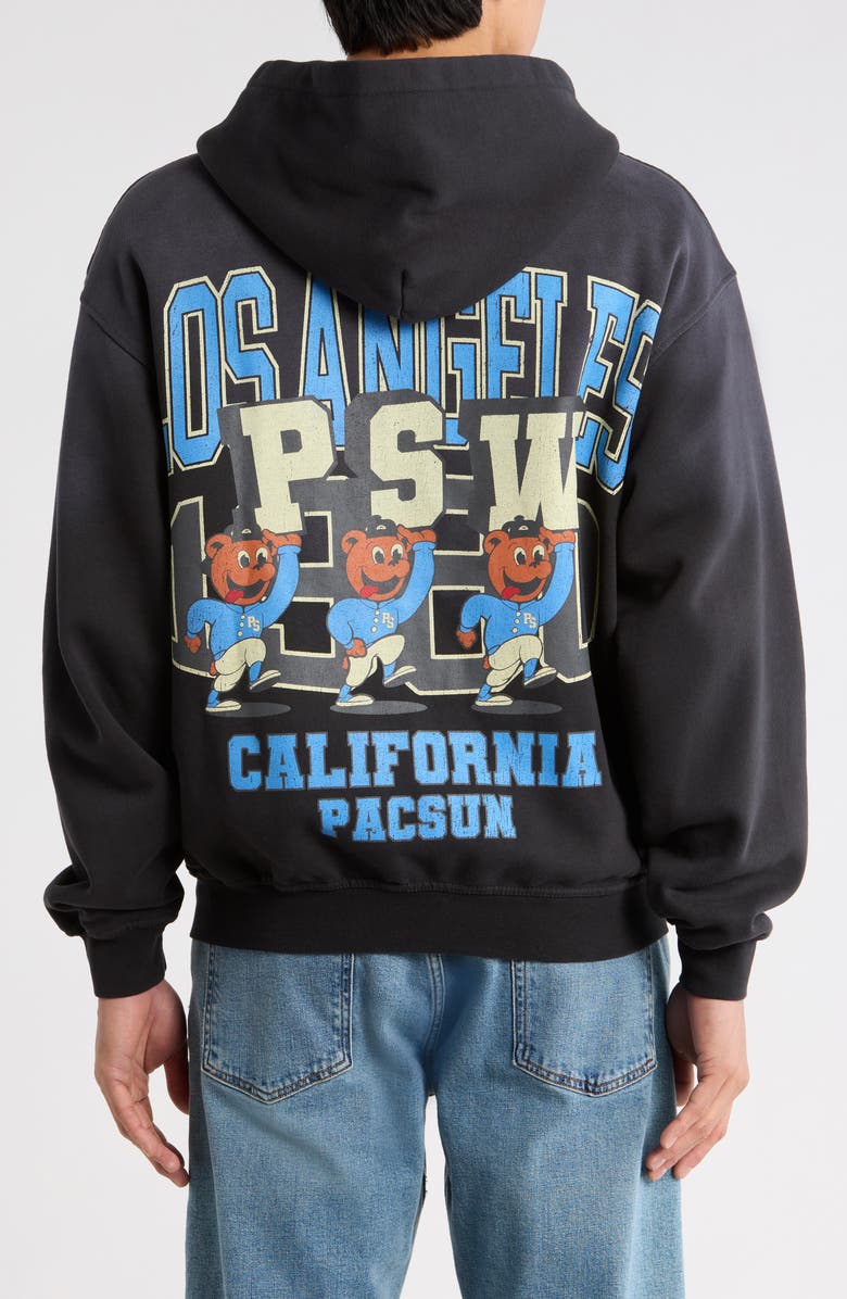 PacSun Varsity Bear Front Zip Cotton Hoodie, Alternate, color, Washed Black
