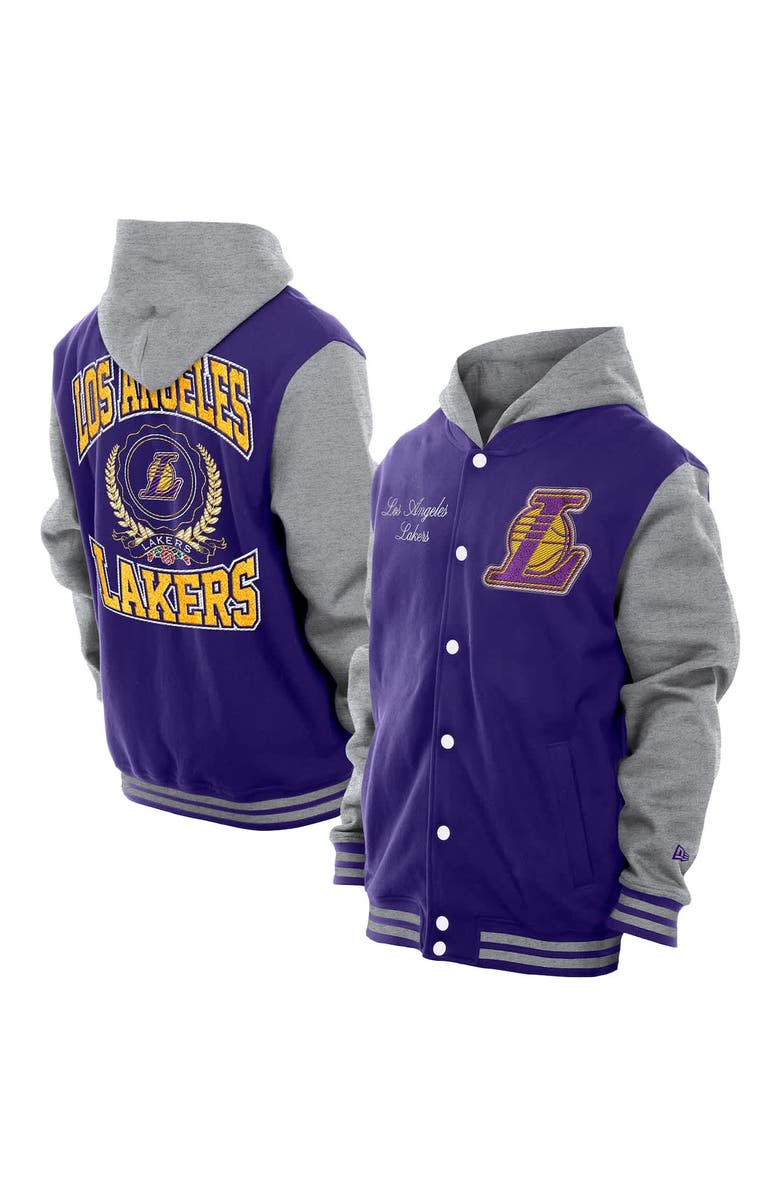 New Era Men's New Era  Purple Los Angeles Lakers Throwback Prep Chenille Full-Snap Hooded Varsity Jacket, Main, color, Purple