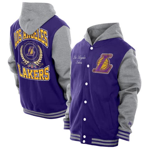 Men's New Era  Purple Los Angeles Lakers Throwback Prep Chenille Full-Snap Hooded Varsity Jacket