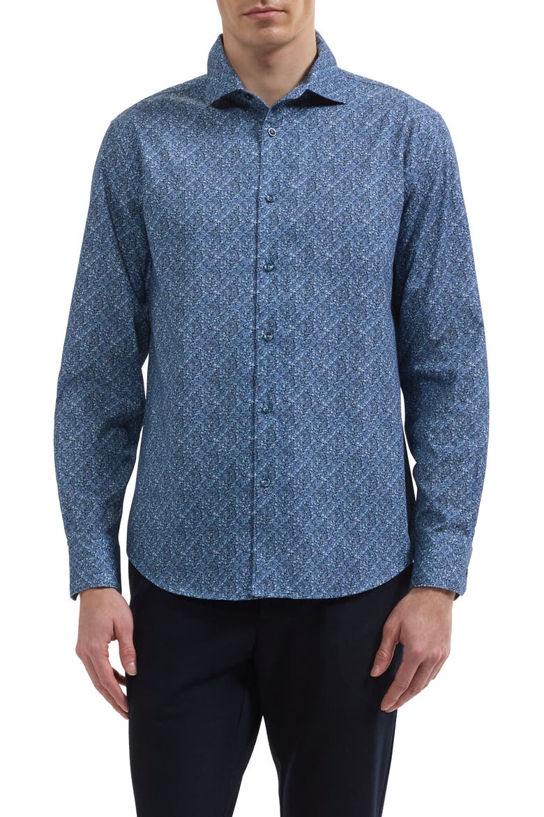 Alvin Shaped Fit Print Cotton Shirt, Main, color, MARINE BLUE