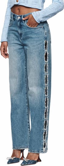 Cutout Imitation Pearl Wide Leg Jeans