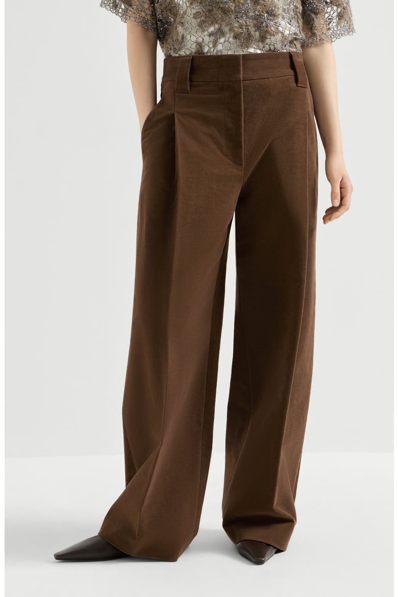 Stretch cotton moleskin loose sartorial trousers with monili, Main, color, Chocolate
