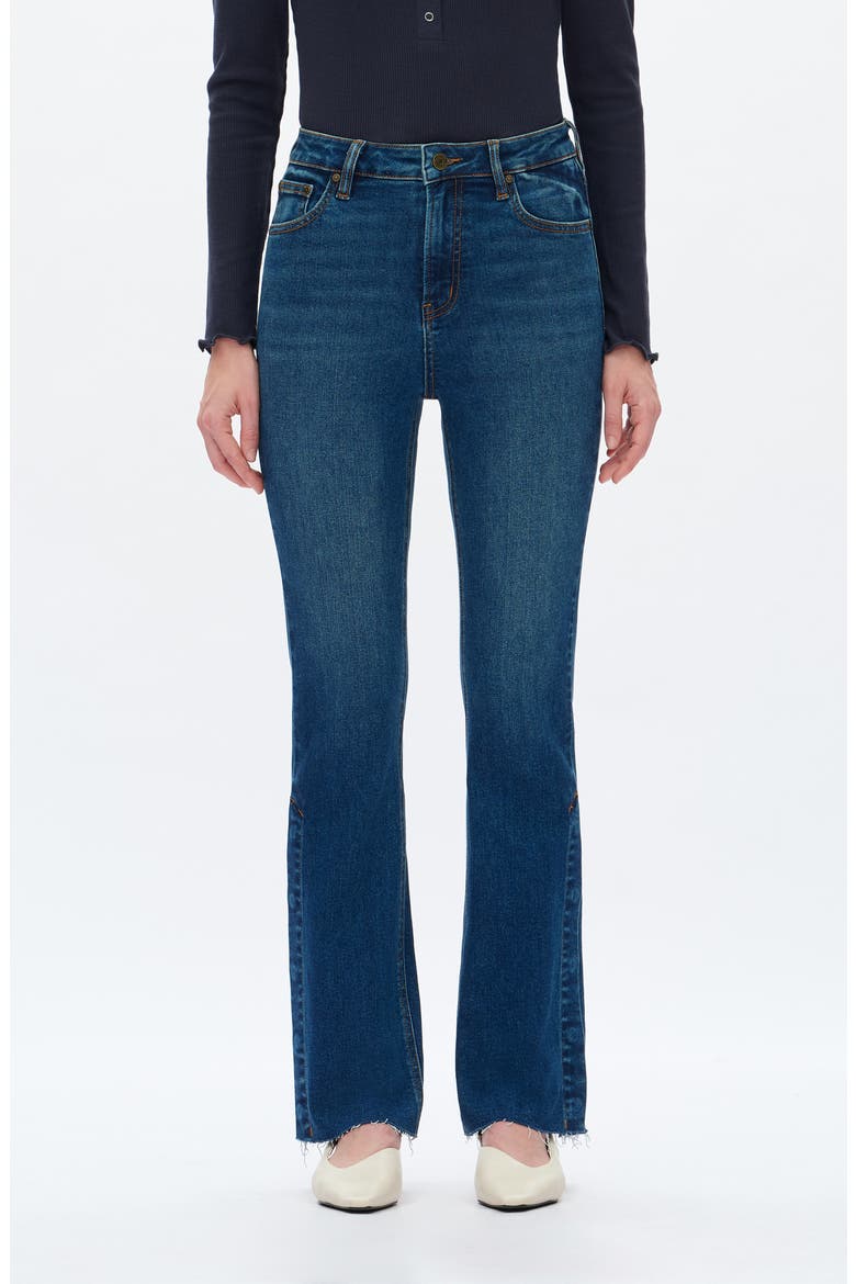 Lunna High Waist Fray Hem Bootcut Jeans, Main, color, DEEP SEA