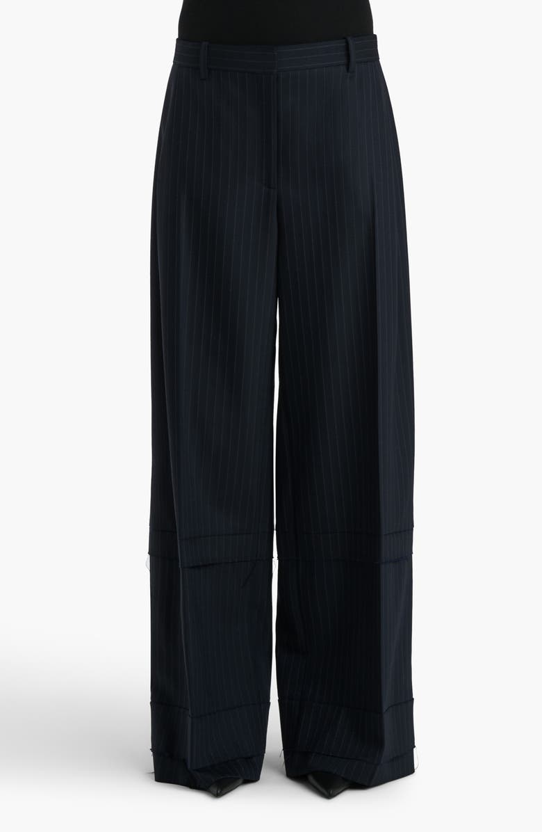 Khaite Linden Pinstripe Pleated Wide Leg Trousers, Alternate, color, Navy / White