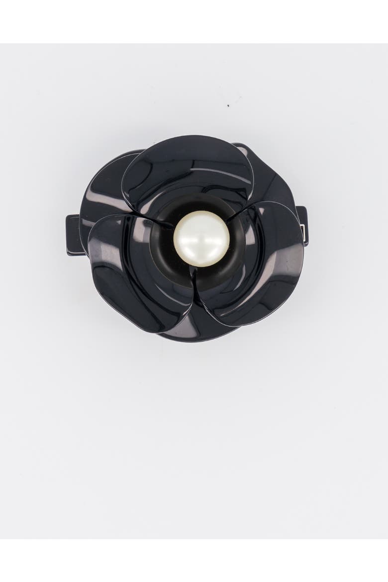 Camelia Mythique Acetate and Pearl Hair Barrette, Main, color, Black