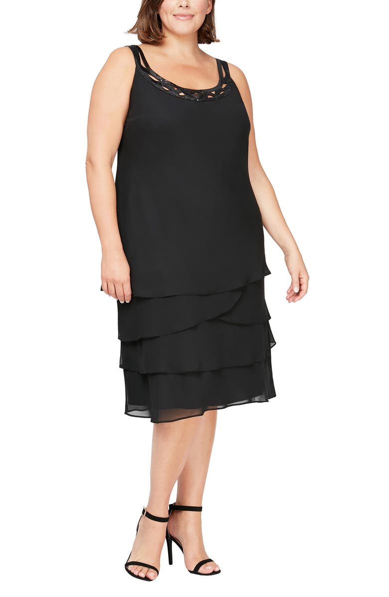 SL FASHIONS Layered Sequin Cocktail Dress & Jacket, Alternate, color, Black