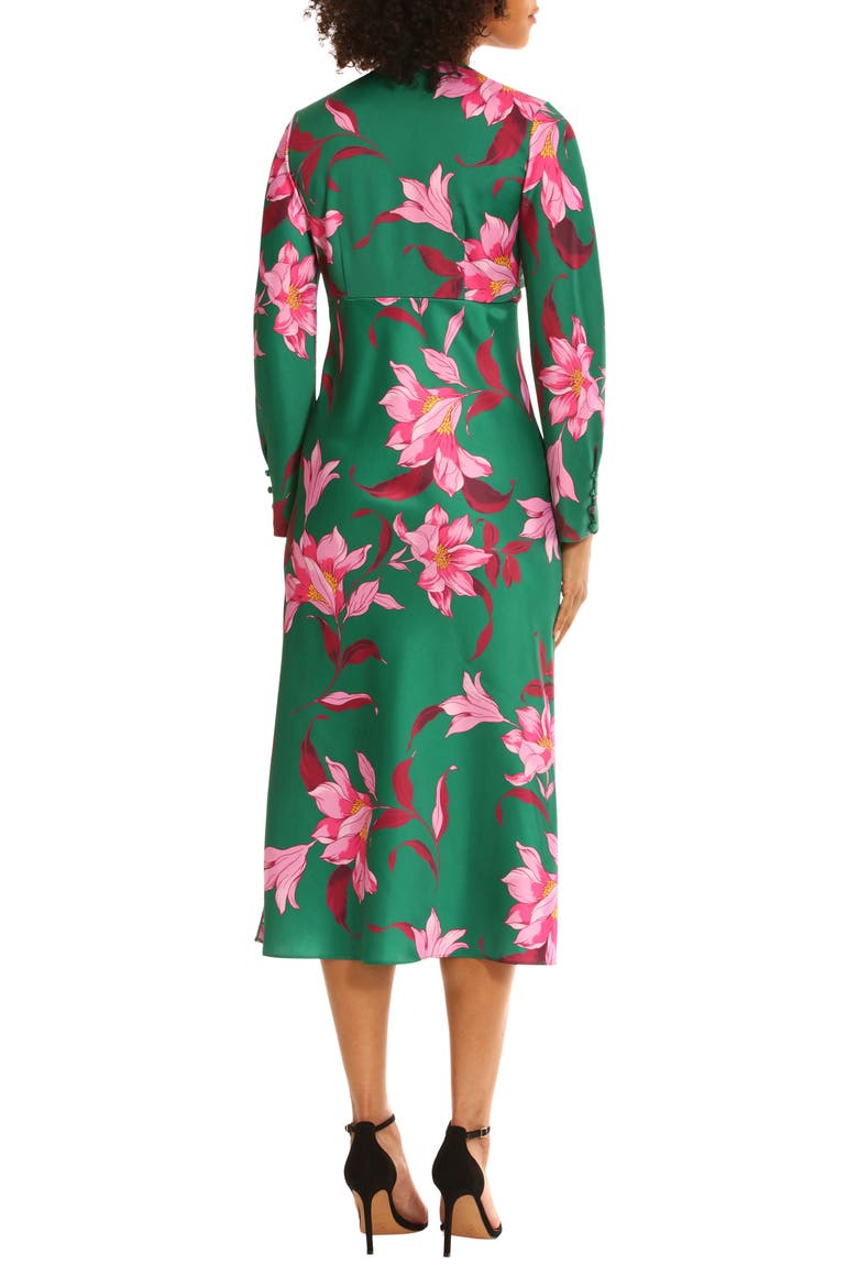 Floral Twisted Empire Waist Midi Dress, Alternate, color, EMERALD GREEN/ PINK BLOSSOM