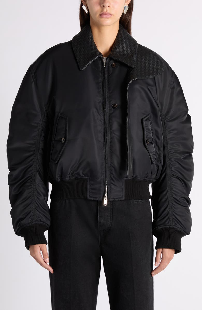 Bottega Veneta Intrecciato Collar Water Repellent Padded Nylon Bomber Jacket, Alternate, color, Double Black